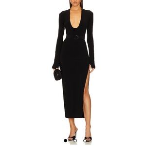 Norma Kamali Long Sleeve Deep U Neck Side Slit Gown